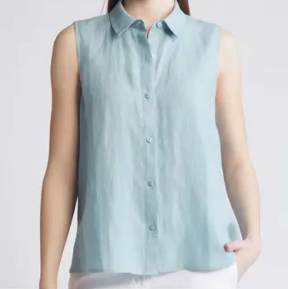Eileen Fisher Hankerchief Linen Sleeveless Button Down Shirt Blouse Womens Small - Picture 11 of 11